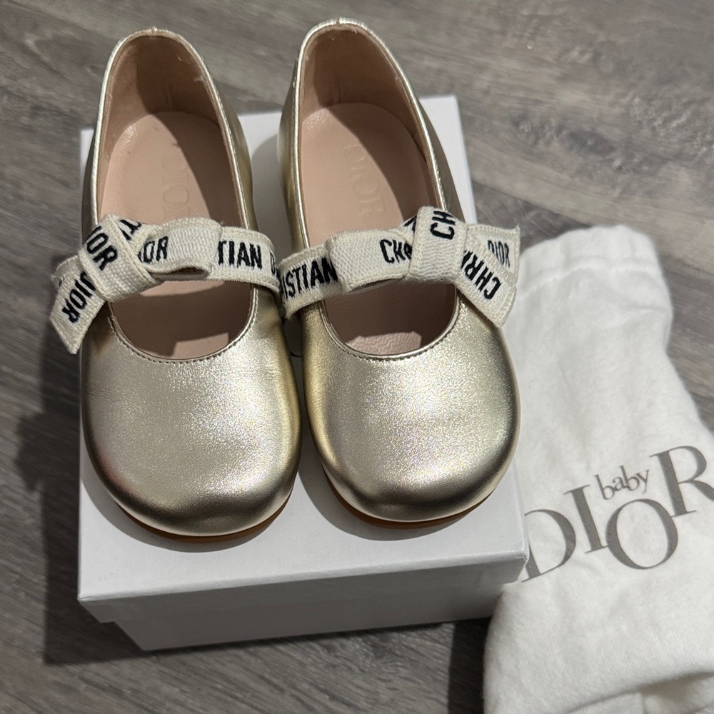 Dior Kids Gold Dress Shoes with Logo Strap